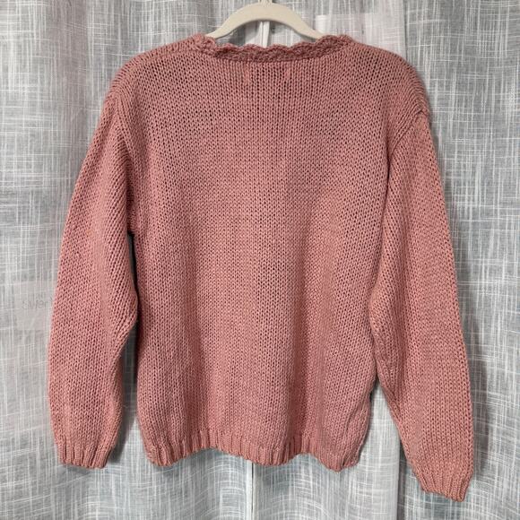 VTG Womens Chunky Knit Sweater L Petite Pink Mauve Rose Floral Granny Cottage - Picture 2 of 11